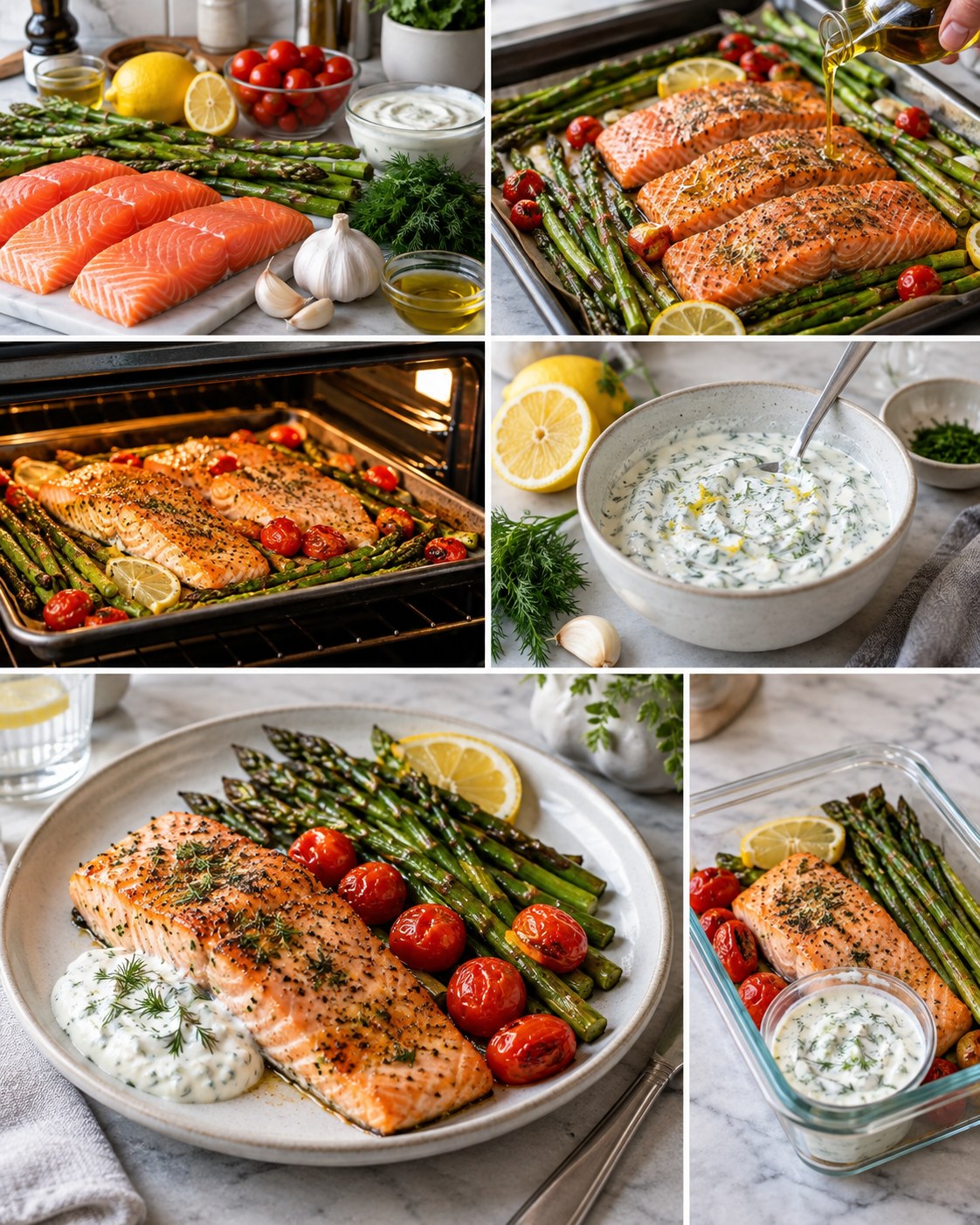 Sheet-pan salmon with roasted asparagus and cherry tomatoes served with lemon-dill yogurt sauce