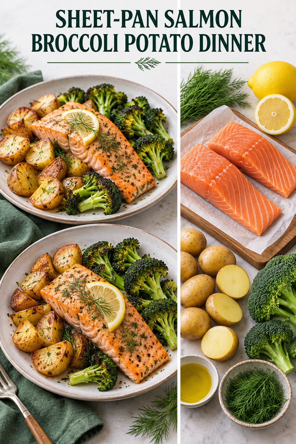 Two servings of sheet-pan salmon broccoli potato dinner made with salmon, broccoli, and vegetables.