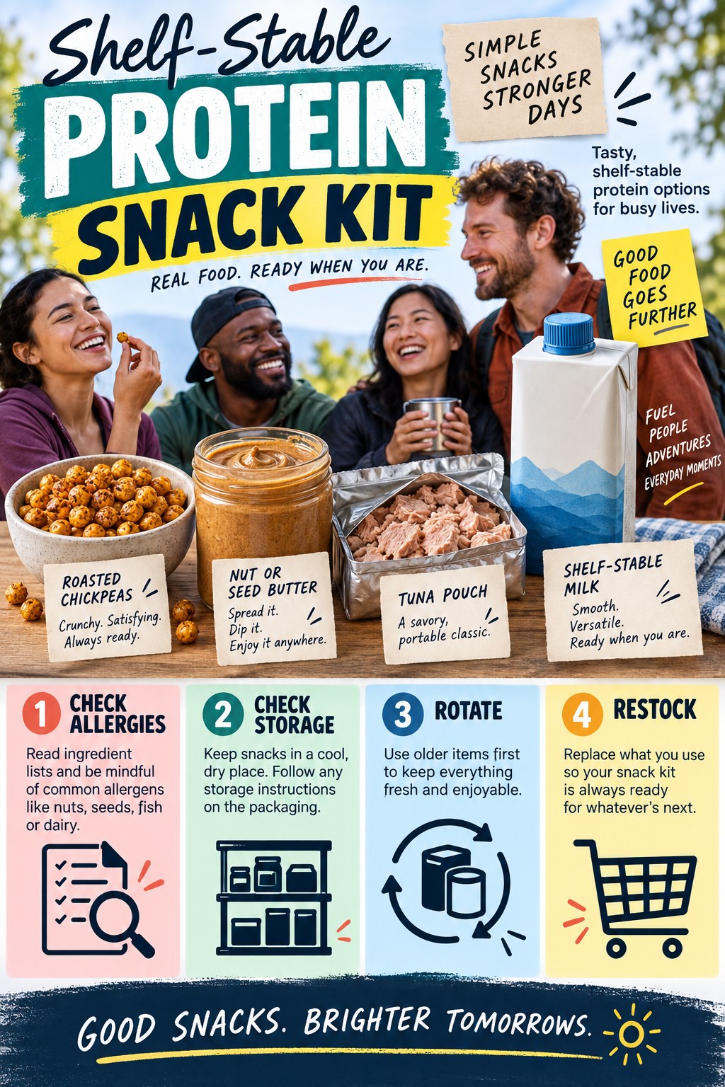 Portrait infographic showing a shelf-stable protein snack kit with roasted chickpeas, nut or seed butter, tuna pouch, milk, storage checks and restocking.