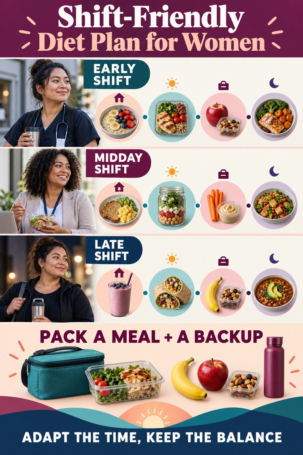Portrait infographic showing diverse women with early, midday, and late shift meal plans plus a packed balanced meal and backup snack.
