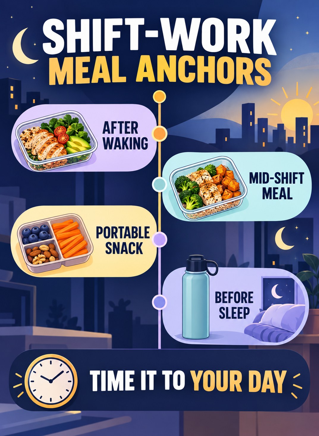 Indigo, amber, lavender, and aqua timeline infographic showing four flexible shift-work meal anchors.