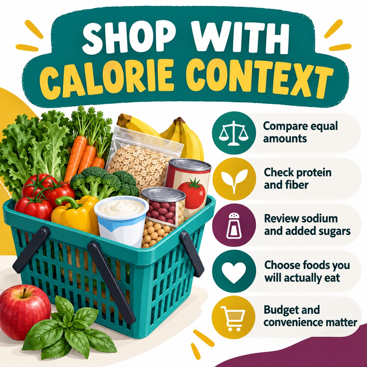 Grocery basket infographic encouraging equal-amount comparisons plus review of protein, fiber, sodium, added sugars, budget, and convenience