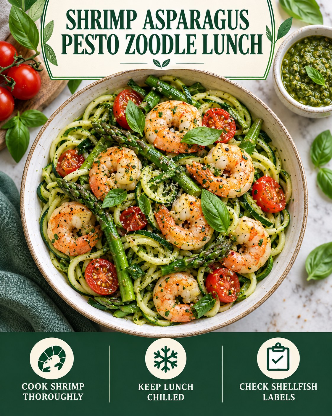Shrimp asparagus pesto zucchini noodle lunch with cherry tomatoes and basil