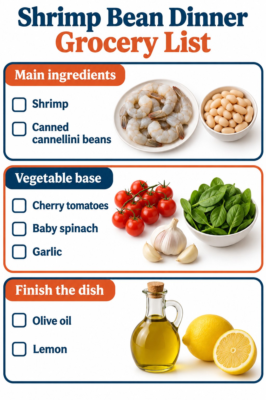 Blue and orange grocery strips listing shrimp, cannellini beans, tomatoes, spinach, garlic, oil and lemon.