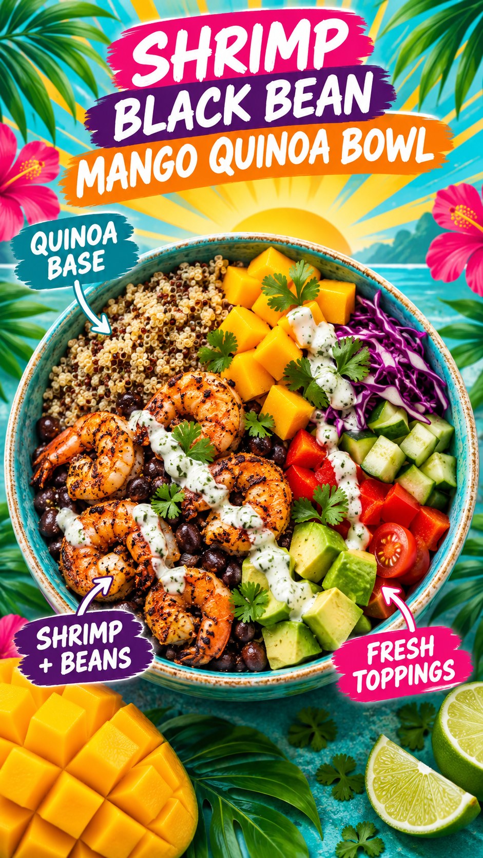 Bowl with cooked shrimp, black beans, quinoa, mango, cabbage, cucumber, peppers, tomatoes, avocado, and lime sauce