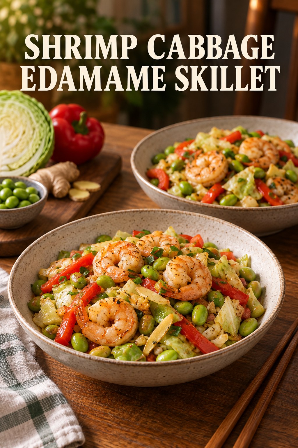 Two servings of shrimp cabbage edamame skillet made with shrimp, cabbage, and vegetables.