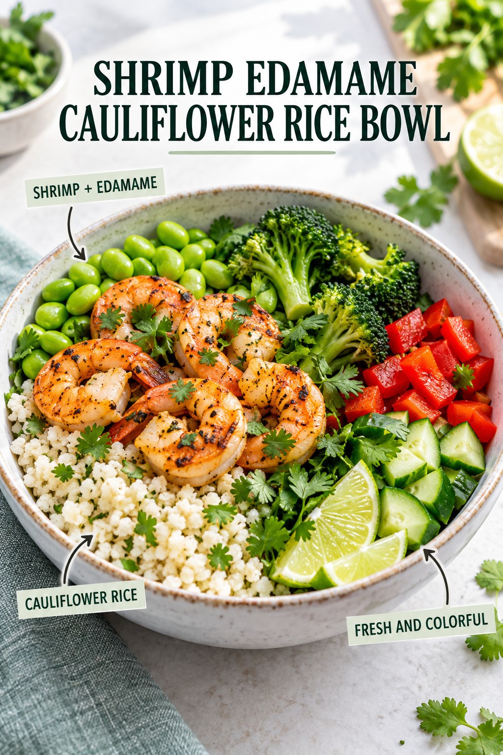 Shrimp edamame cauliflower rice bowl with broccoli, red pepper, cucumber, lime, and herbs