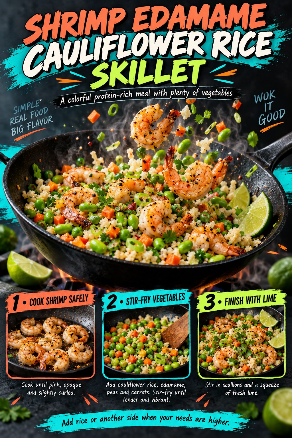 Skillet infographic with cooked shrimp, edamame, cauliflower rice, peas, carrots, scallions, and lime