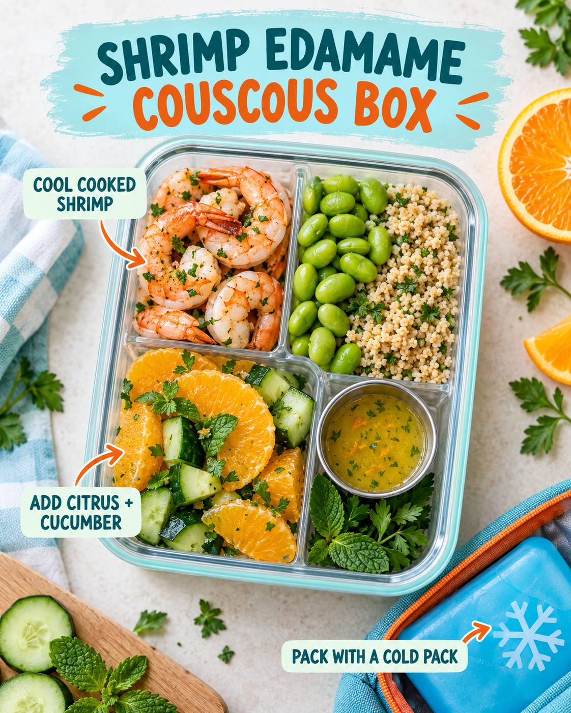Shrimp edamame citrus couscous lunch box with cucumber, orange, herbs, dressing, and cold-pack guidance.