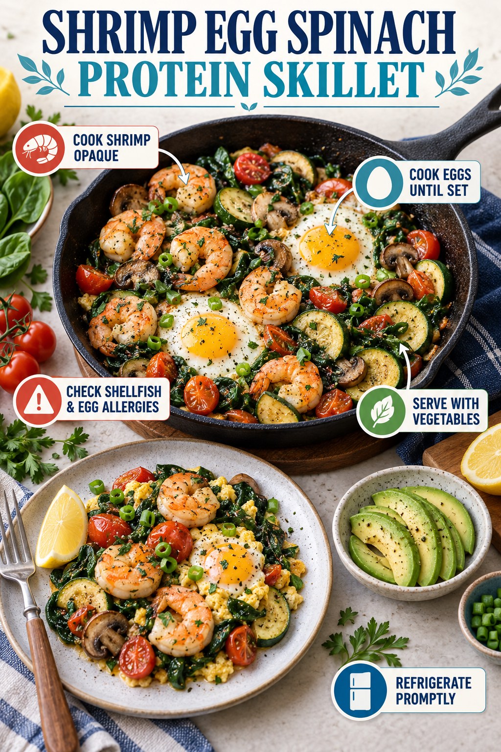Shrimp and egg skillet with spinach, zucchini, tomatoes, mushrooms, scallions, lemon, herbs, and avocado.