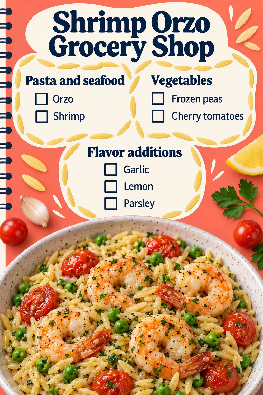 Coral recipe-notebook grocery list with orzo, shrimp, frozen peas, cherry tomatoes, garlic, lemon and parsley.