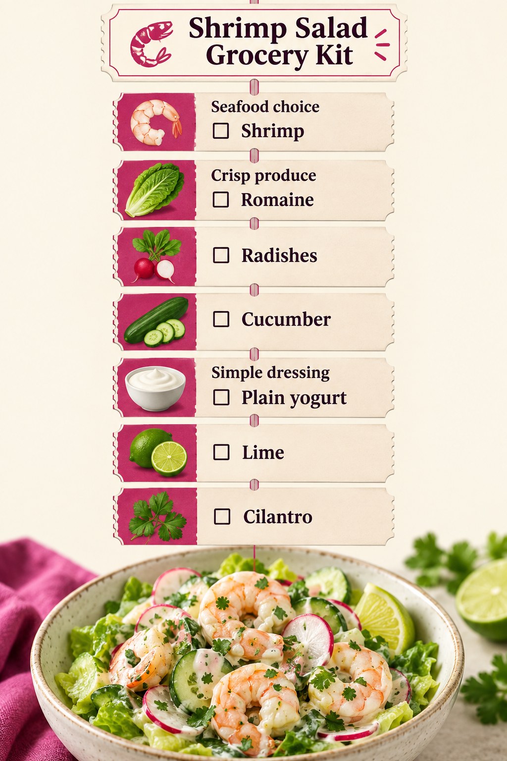 Cream and magenta grocery tickets listing shrimp, romaine, radishes, cucumber, plain yogurt, lime and cilantro.