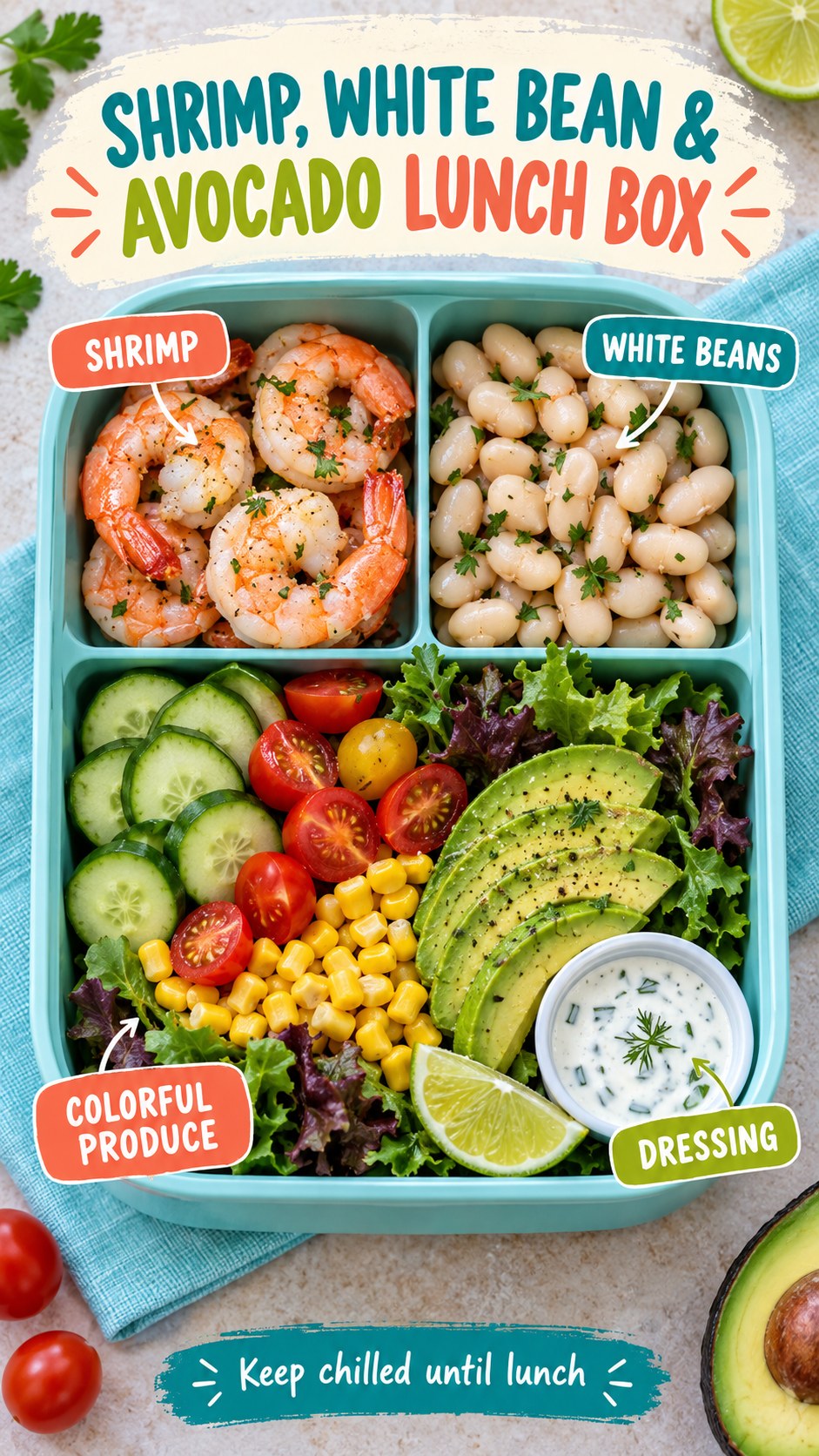 Aqua and coral infographic showing a lunch box with cooked shrimp, white beans, avocado, cucumber, tomatoes, corn, greens, and dressing