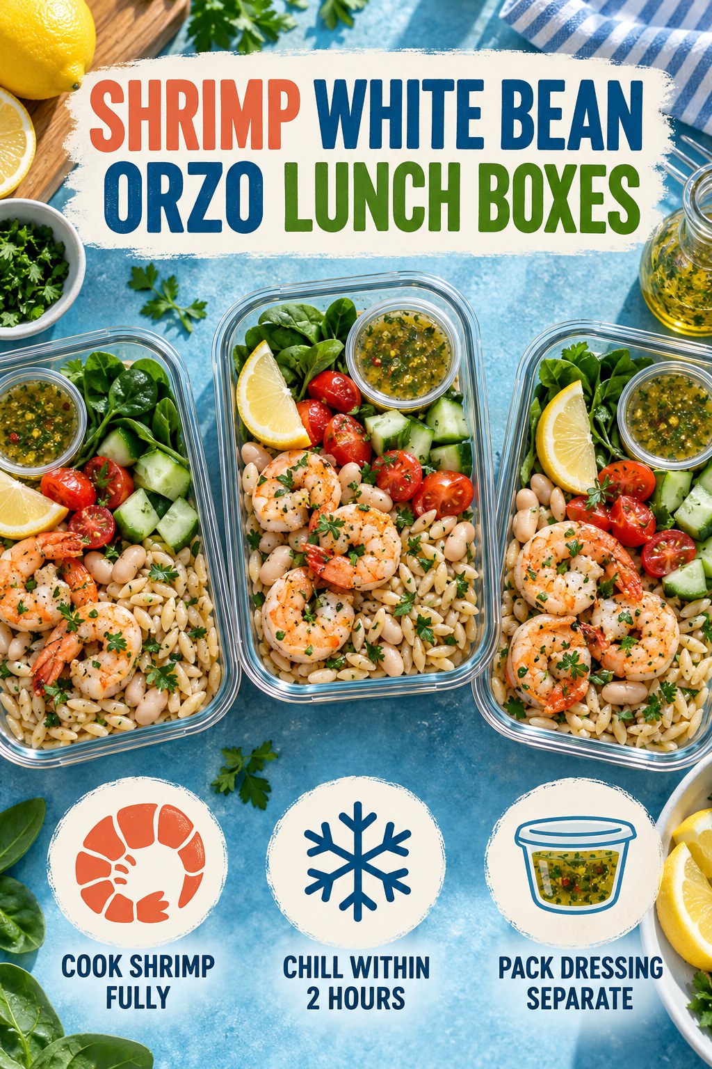 Three shrimp white bean orzo lunch boxes with spinach, cucumber, tomatoes, lemon, parsley, and separate dressing