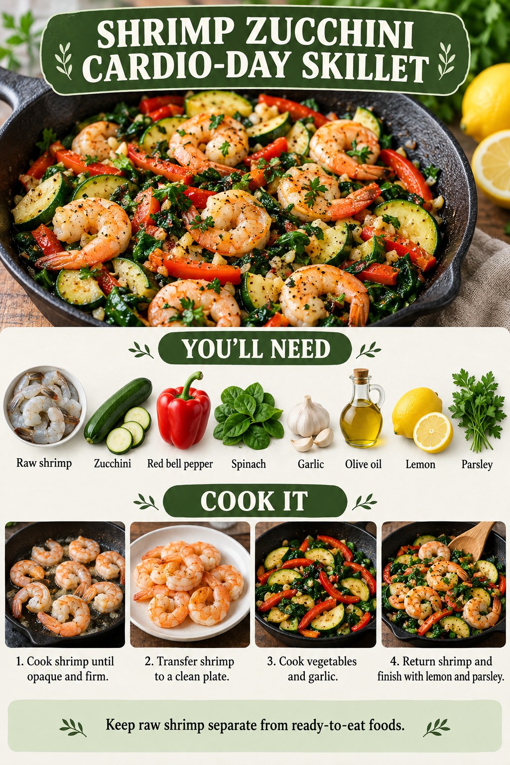 Shrimp zucchini skillet with red bell pepper, spinach, garlic, lemon, parsley, and olive oil beside cardio gear.