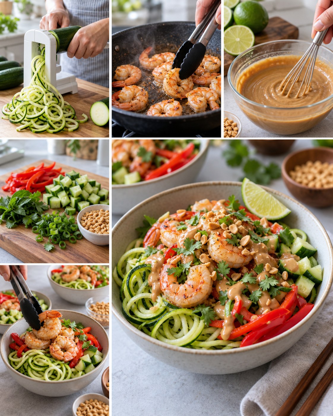 Shrimp zucchini noodle bowl with red pepper, cucumber, cilantro, lime, and peanut sauce