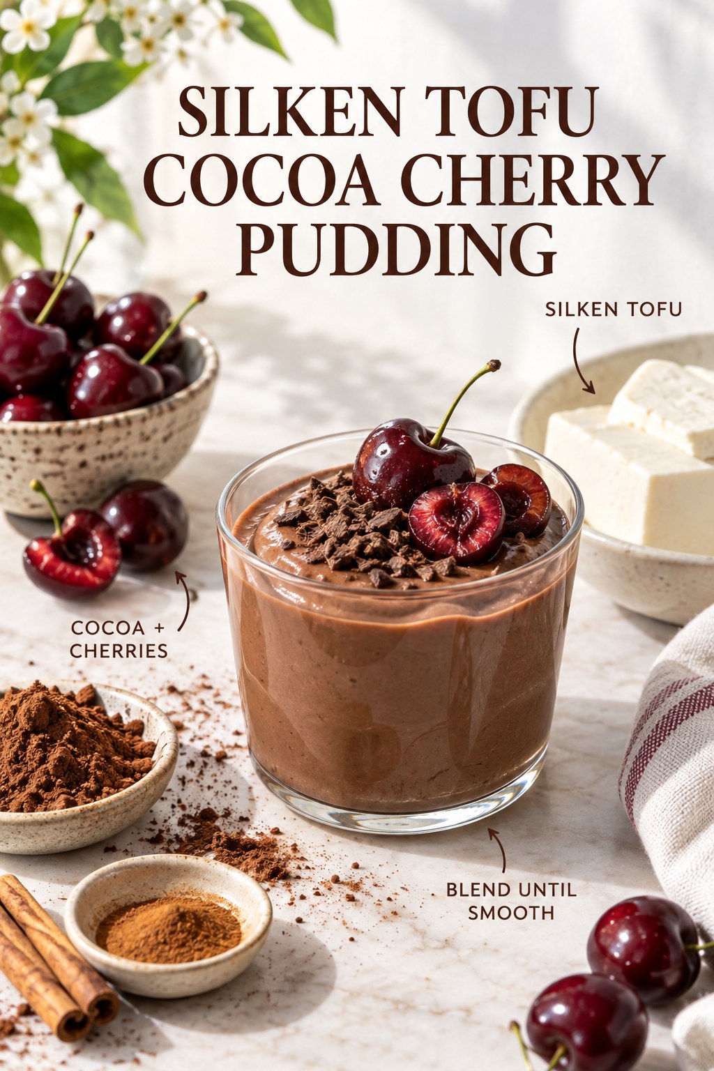 Silken tofu cocoa cherry pudding with cherries, vanilla, and cinnamon
