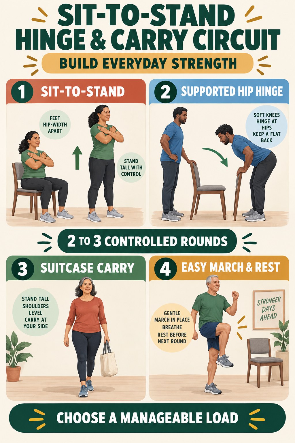 Strength circuit infographic showing sit-to-stands, supported hip hinges, suitcase carries, and rest.