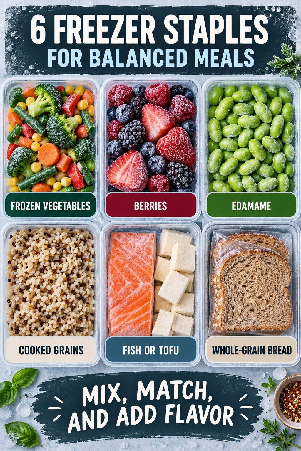 Portrait freezer infographic showing frozen vegetables, berries, edamame, cooked grains, fish or tofu, and whole-grain bread in six labeled compartments.