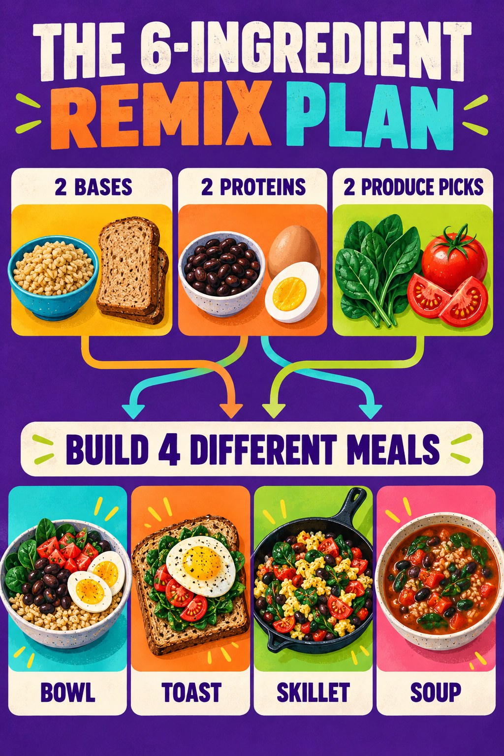 Violet remix-plan infographic showing rice, bread, beans, eggs, spinach, and tomatoes turned into four meals.