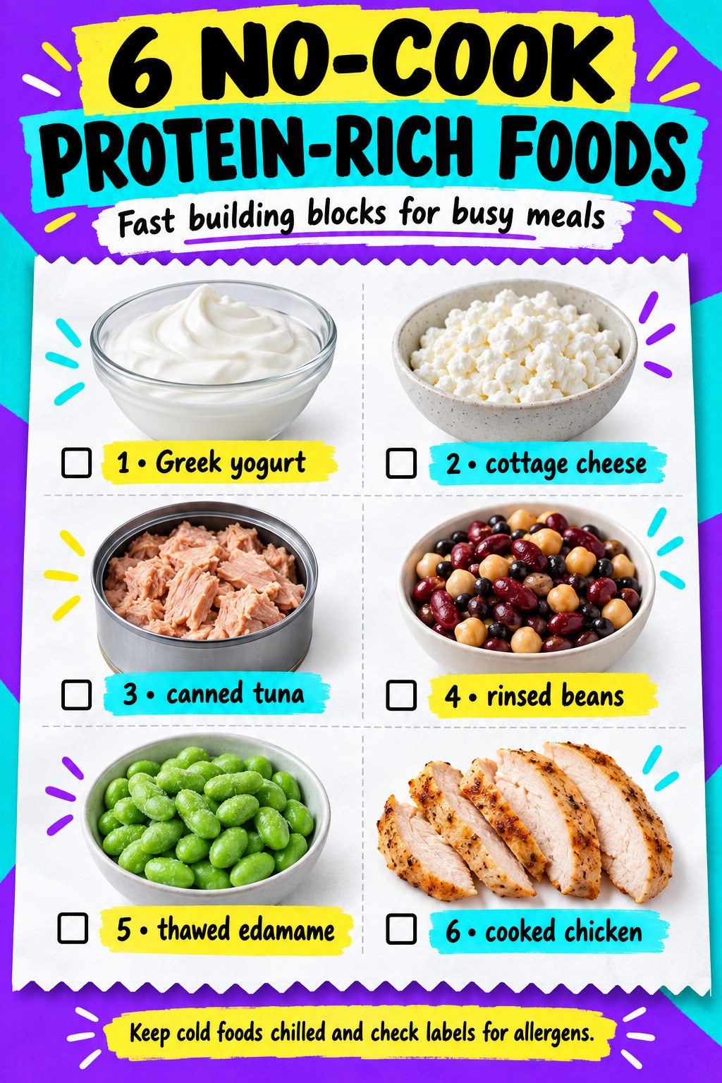 Checklist infographic with Greek yogurt, cottage cheese, canned tuna, beans, edamame, and cooked chicken