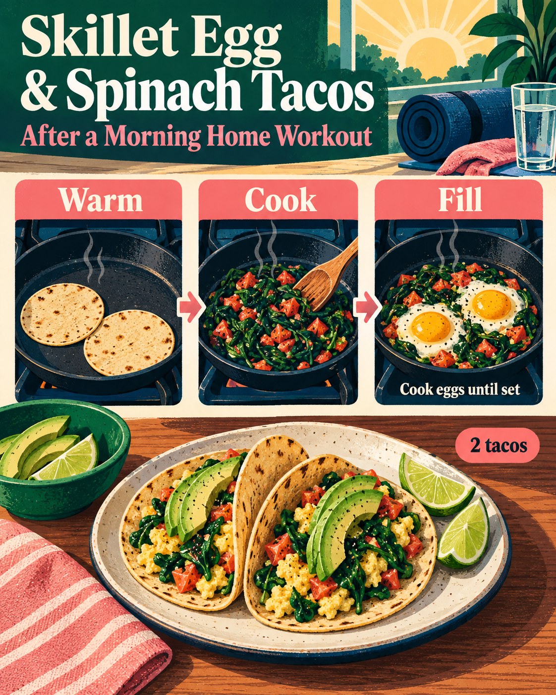 Screen-printed infographic showing tortillas, eggs, spinach, tomato, avocado, lime, one skillet, and two tacos.