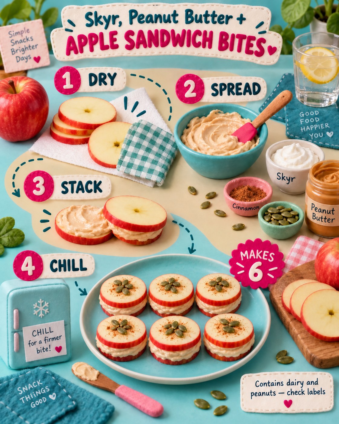Felt-style infographic showing apple, skyr, peanut butter, four assembly steps, and six chilled sandwich bites.