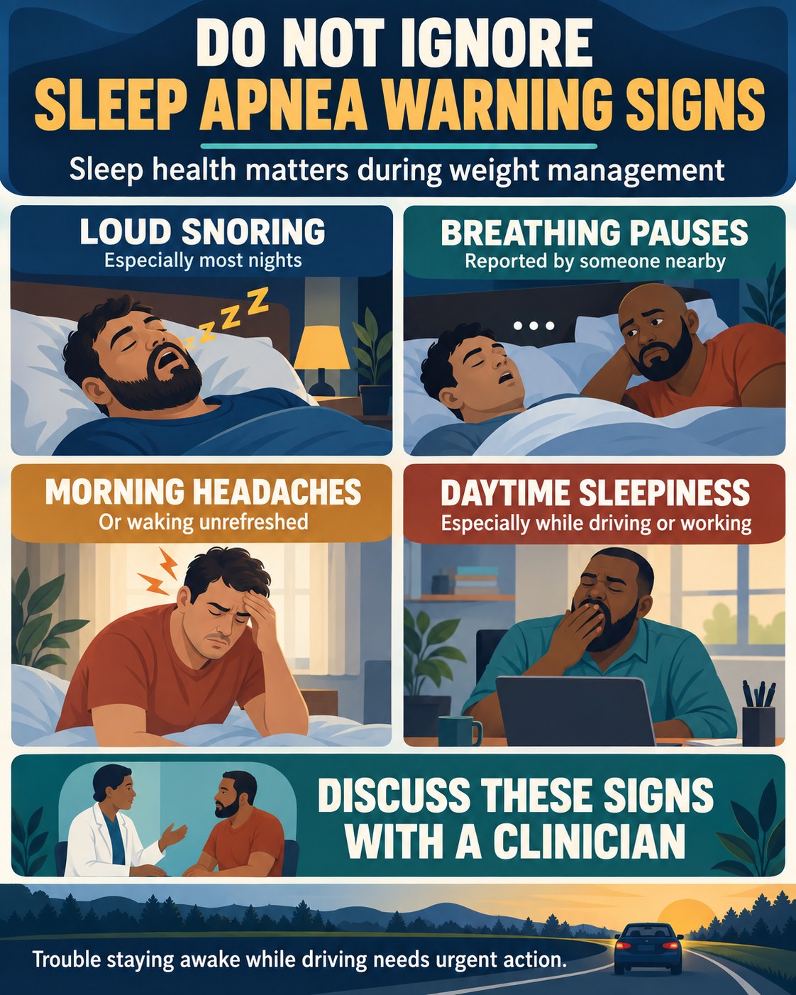 Navy, teal, amber, rust, and cream infographic showing loud snoring, breathing pauses, morning headaches, and daytime sleepiness as warning signs.