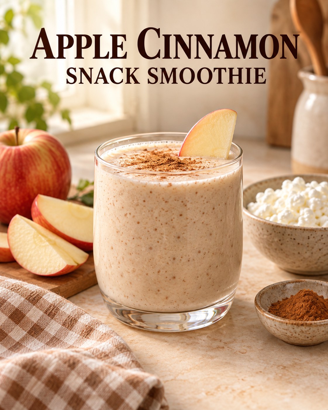 Small ivory apple cinnamon smoothie beside apple slices, cottage cheese, and ground cinnamon on a warm cream table.