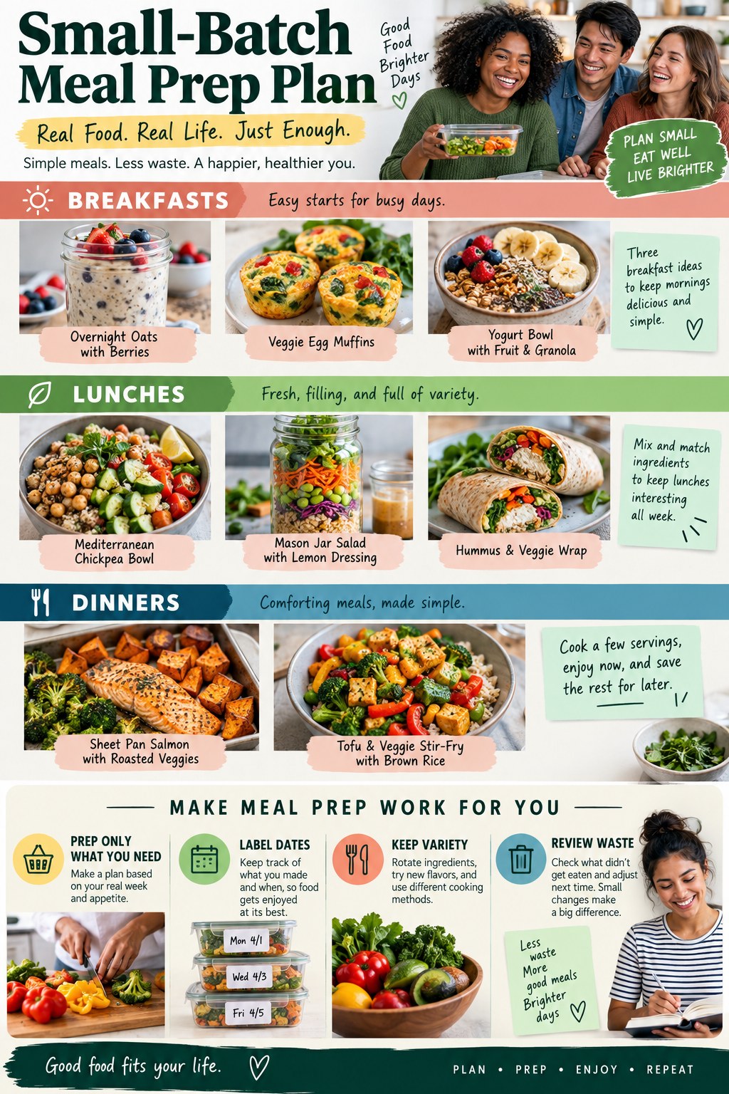 Portrait infographic showing a small-batch meal prep plan with three breakfasts, three lunches, two dinners, date labels, varied produce, and a waste review.