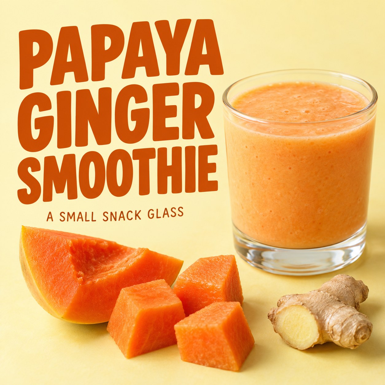 Small orange papaya ginger smoothie in a clear glass on a pale yellow table beside papaya cubes and ginger, with bold recipe text.