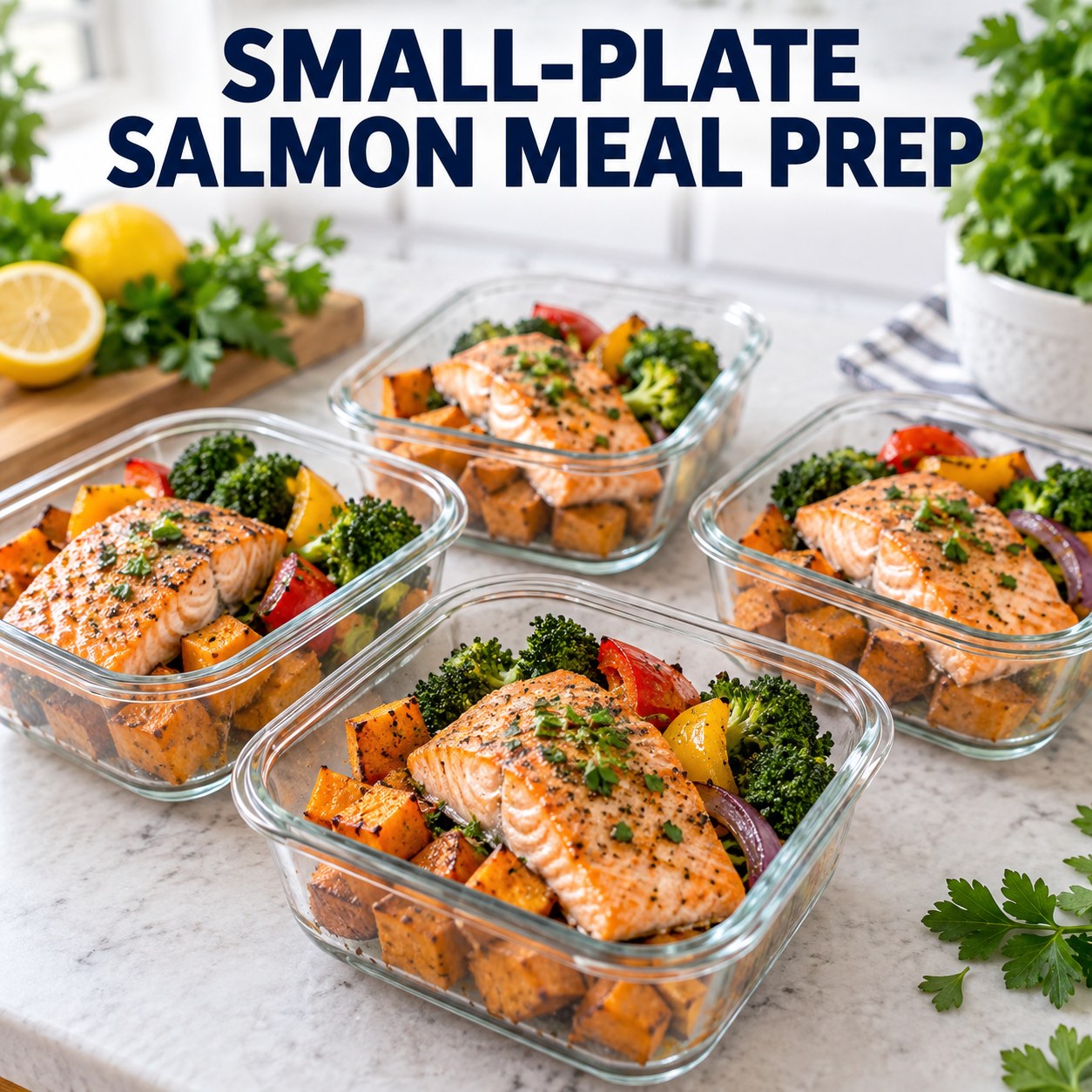 Three containers of small-plate salmon sweet potato prep boxes with salmon, sweet potato, tomato, and eggplant.