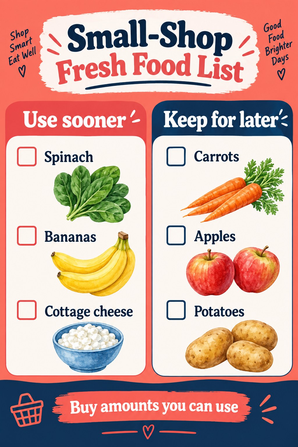 Two-column grocery list with spinach, bananas, and cottage cheese under Use sooner, and carrots, apples, and potatoes under Keep for later.