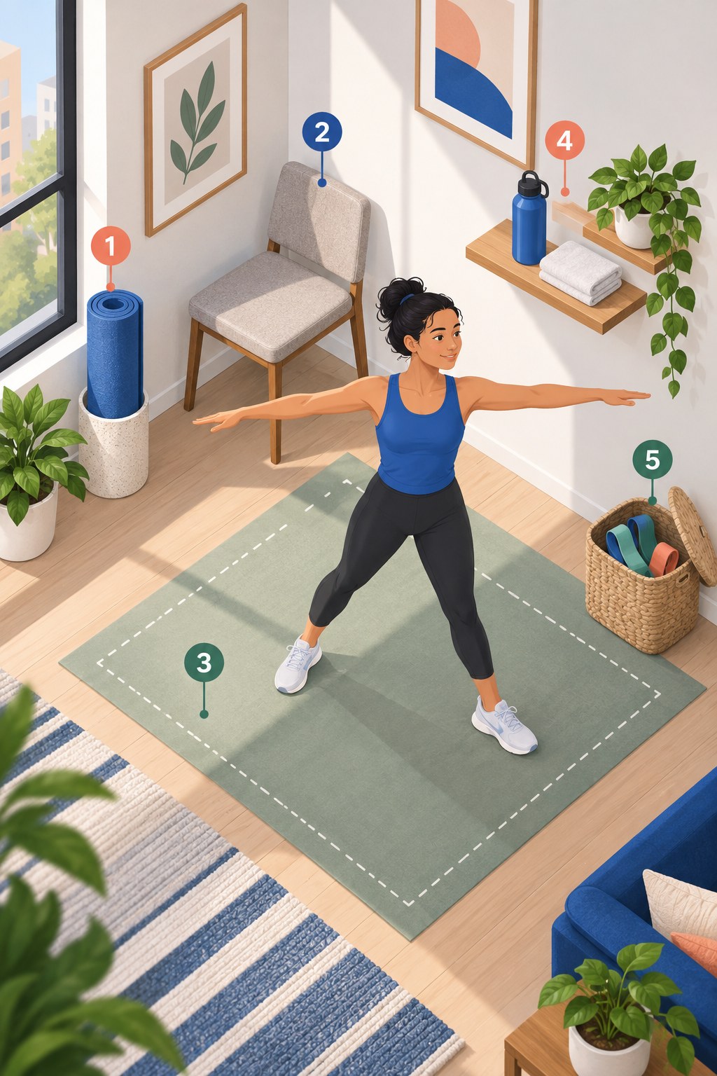 Isometric small workout corner with a mat, stable chair, clear floor, water, towel, and exercise basket.