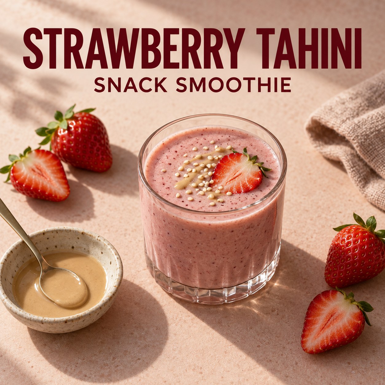 Small pink strawberry tahini smoothie beside strawberries and a teaspoon of tahini on a rosy beige table.