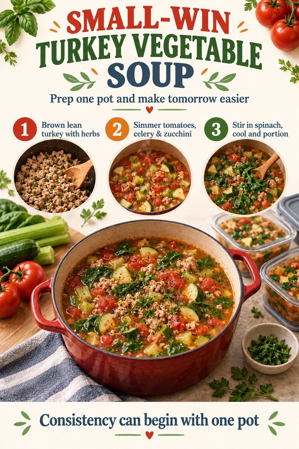 Turkey vegetable soup infographic with tomatoes, celery, zucchini, spinach, herbs, meal-prep containers, and three steps.