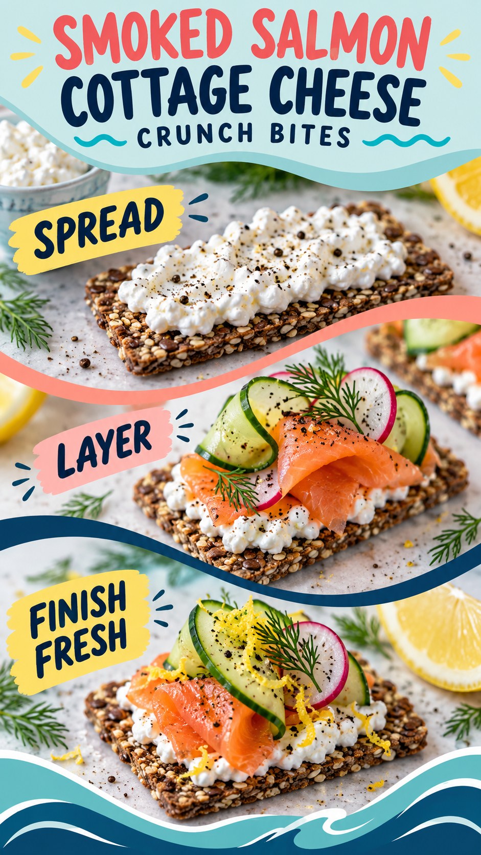 Seeded crispbread topped with cottage cheese, smoked salmon, cucumber, radish, dill, lemon, and black pepper