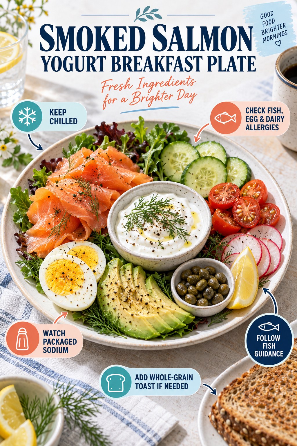 Smoked salmon breakfast plate with egg, Greek yogurt, cucumber, tomatoes, radish, avocado, lemon, dill, and capers.