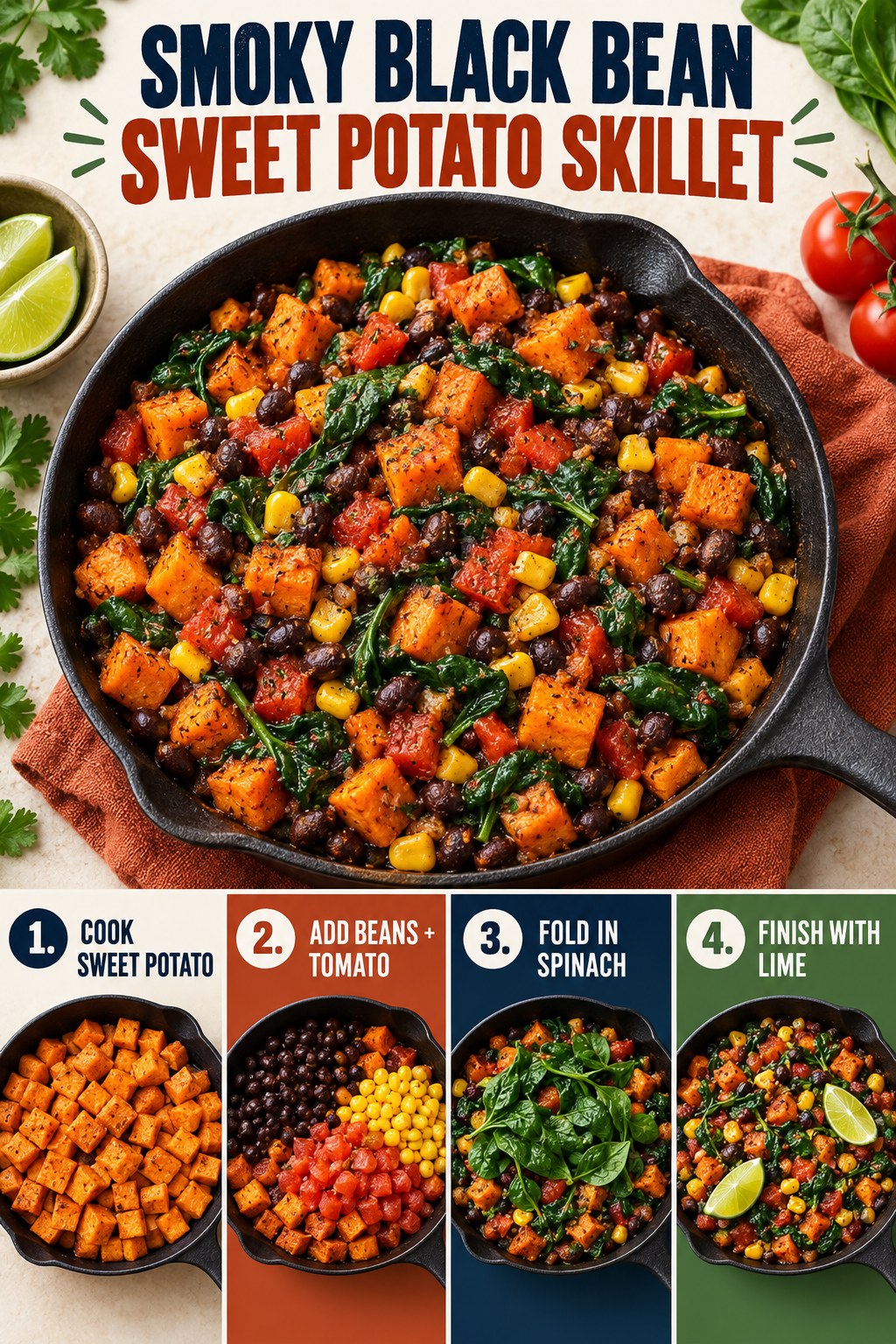 Portrait recipe infographic for a smoky black bean sweet potato skillet showing sweet potato, beans, tomato, corn and spinach with four cooking steps.