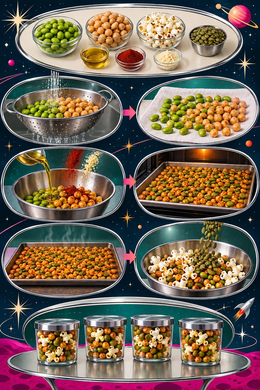 Vertical retro space-age infographic showing edamame and chickpeas dried, seasoned, roasted, cooled, and mixed with popcorn and pumpkin seeds.