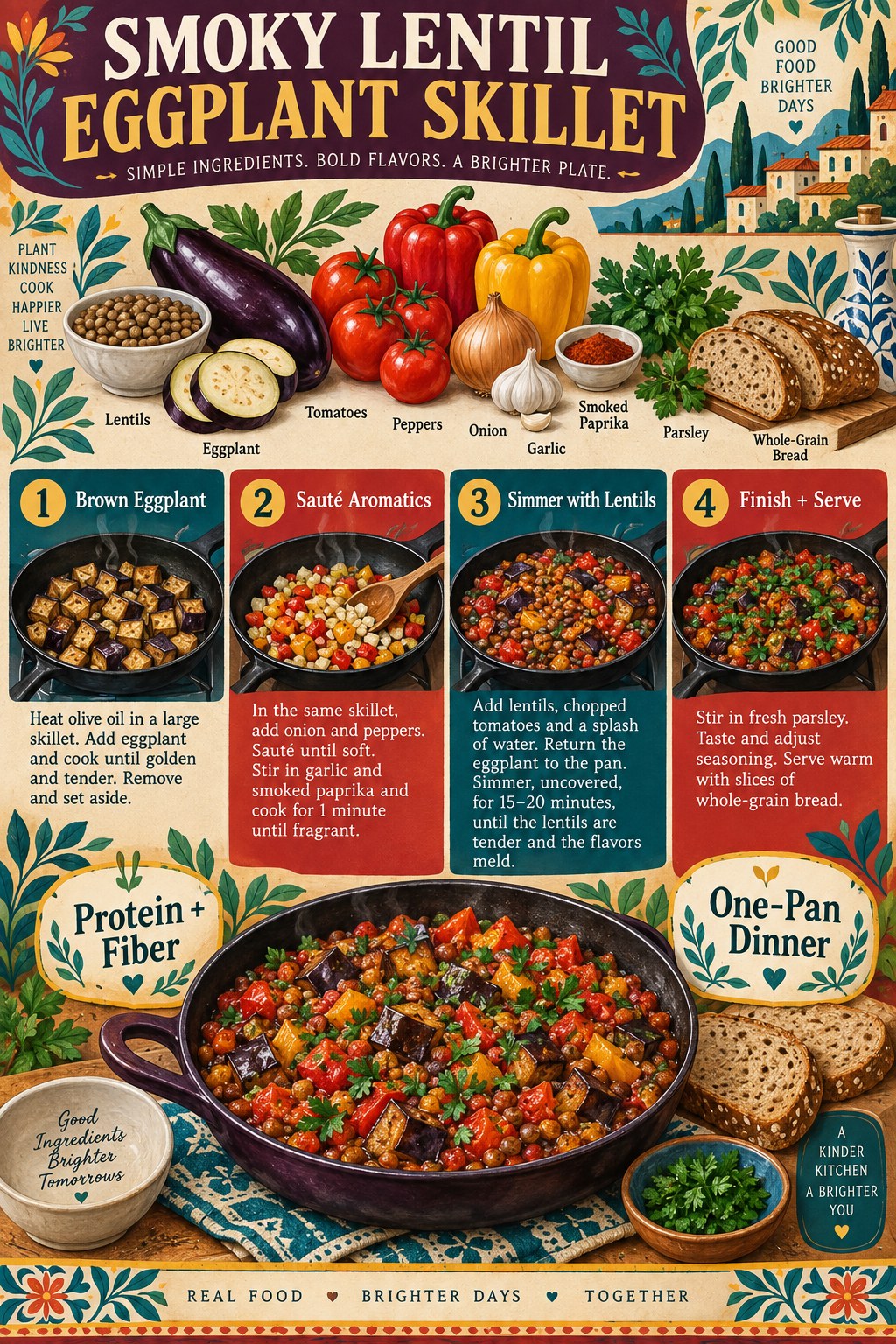 Portrait recipe infographic showing lentils, eggplant, tomatoes, peppers, aromatics, smoked paprika, whole-grain bread, and four skillet steps.