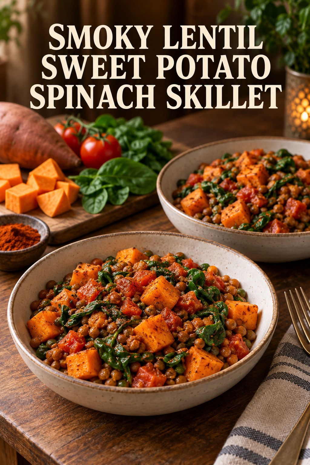 Two servings of smoky lentil sweet potato spinach skillet made with lentils, sweet potato, and vegetables.