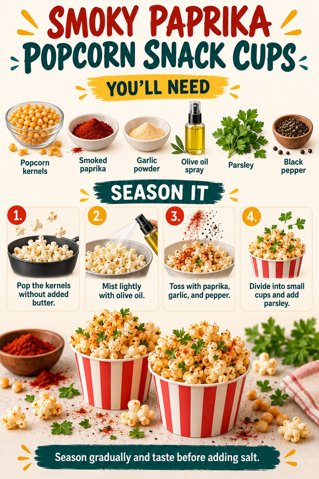 Smoky paprika popcorn in two small snack cups with garlic powder, parsley, black pepper, and kernels.