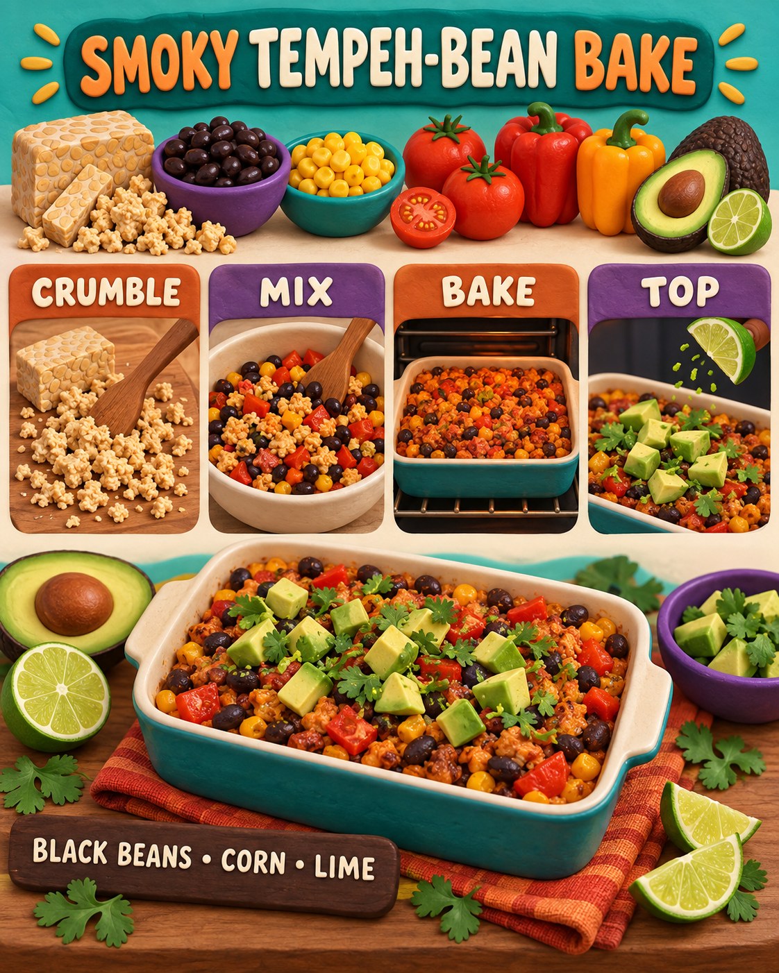 Turquoise, burnt orange, avocado green, purple, cream, and brown clay-style infographic for a tempeh-bean bake.