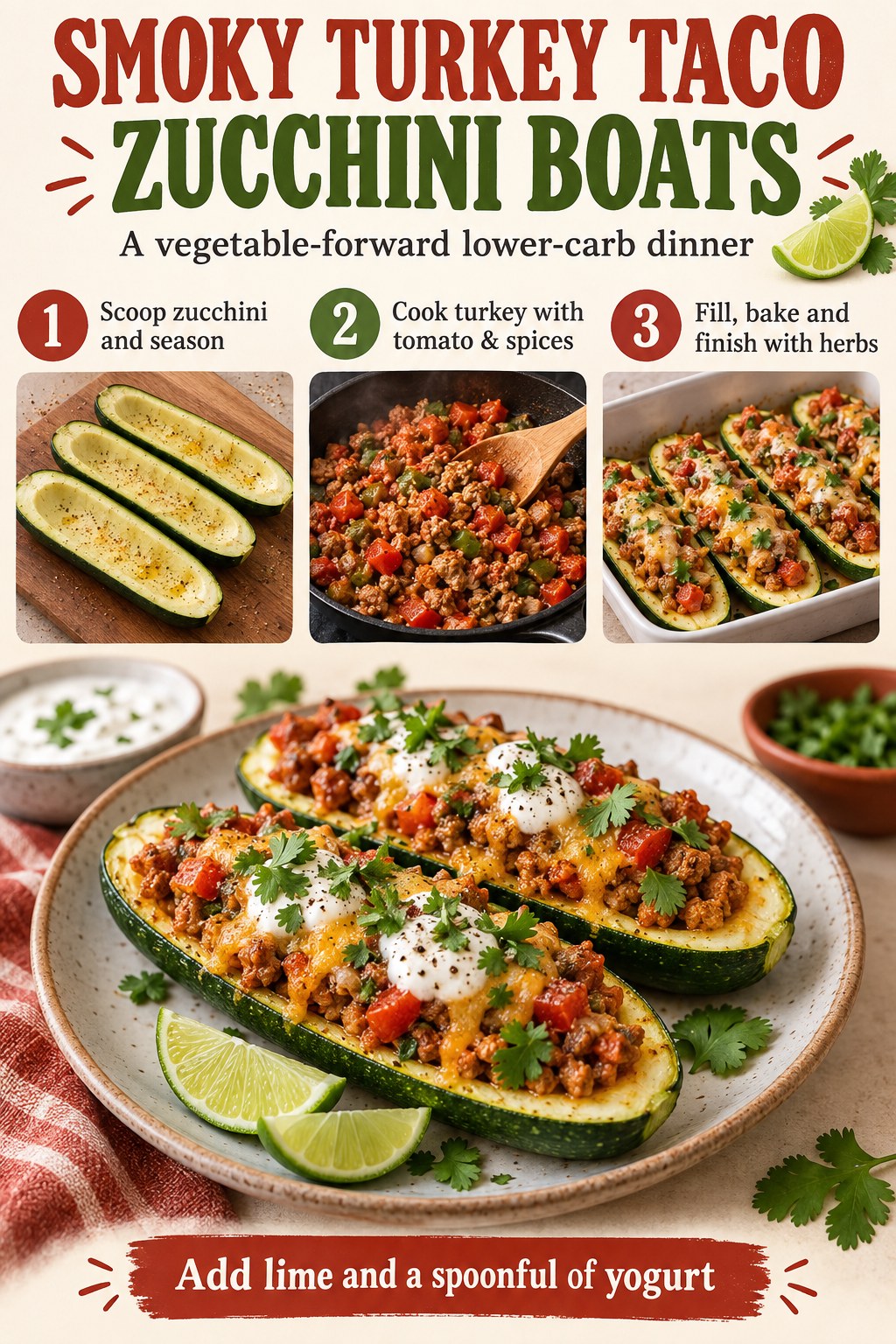 Turkey zucchini boats infographic with smoky turkey filling, peppers, herbs, lime, yogurt, and three cooking steps.
