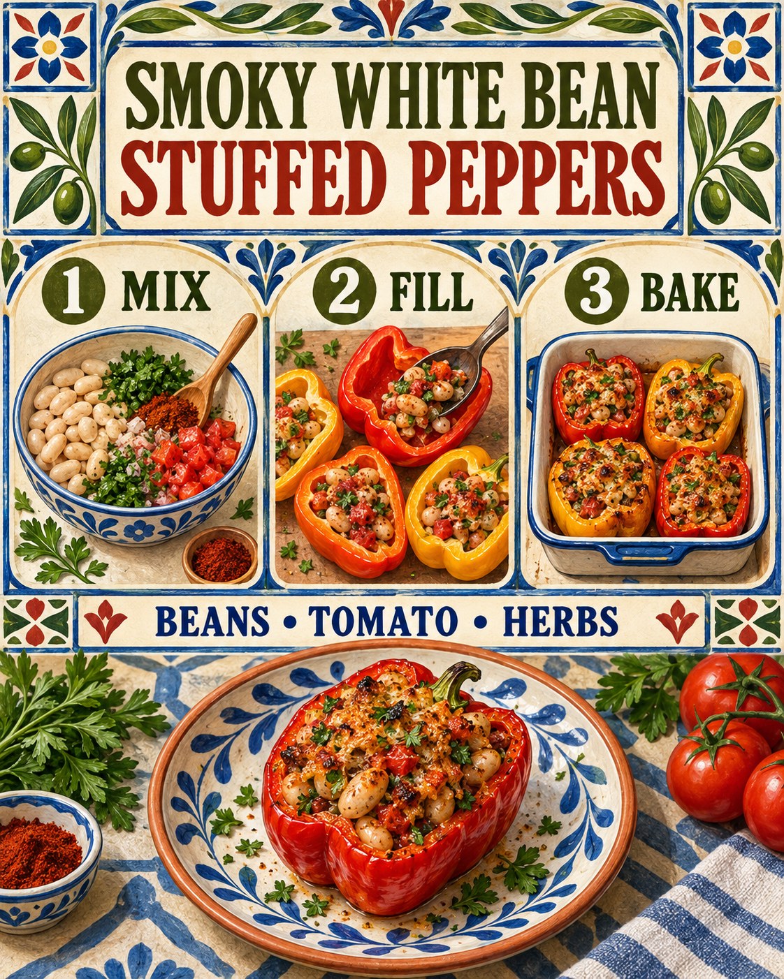Olive, paprika, cobalt, and cream recipe infographic showing how to mix, fill, and bake bean-stuffed peppers.