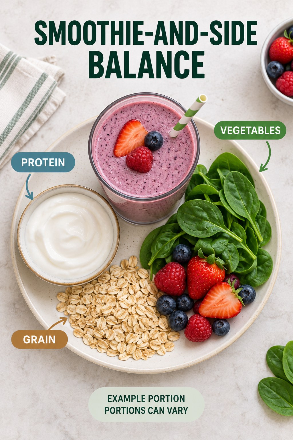 Smoothie-and-Side Balance visual using plain yogurt, oats, spinach, and berries as flexible example portions for Protein Smoothies.