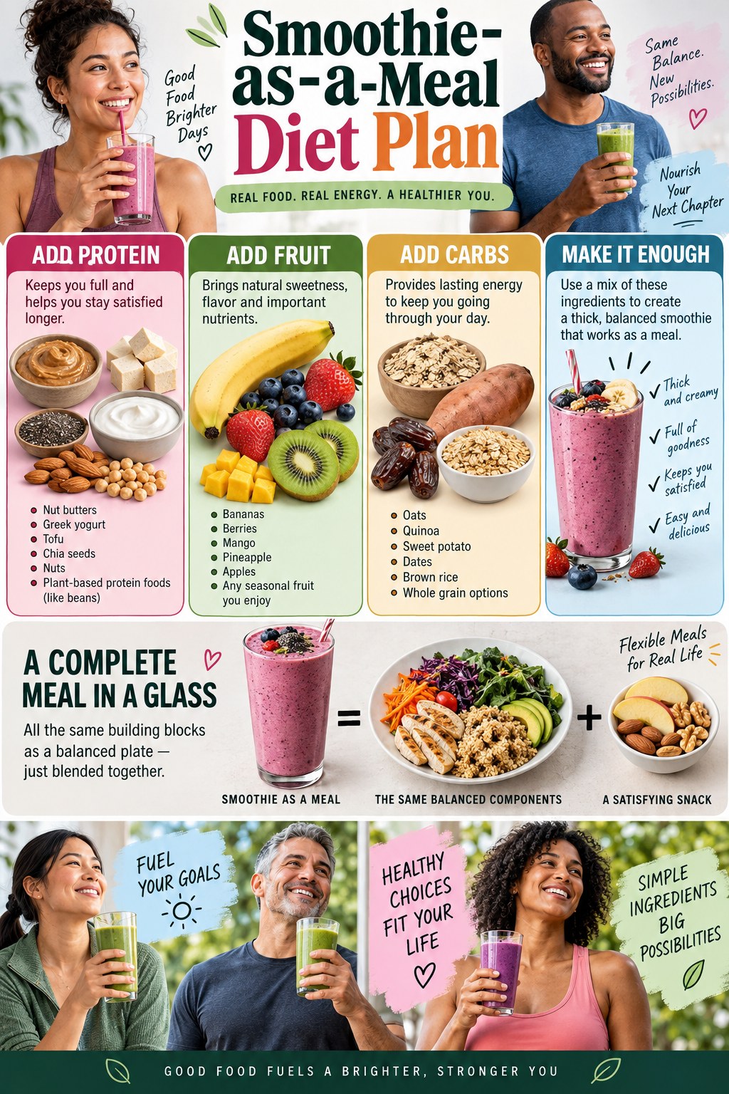 Portrait infographic showing a smoothie as a meal with protein foods, fruit, oats, seeds and a balanced side dish for enough nourishment.