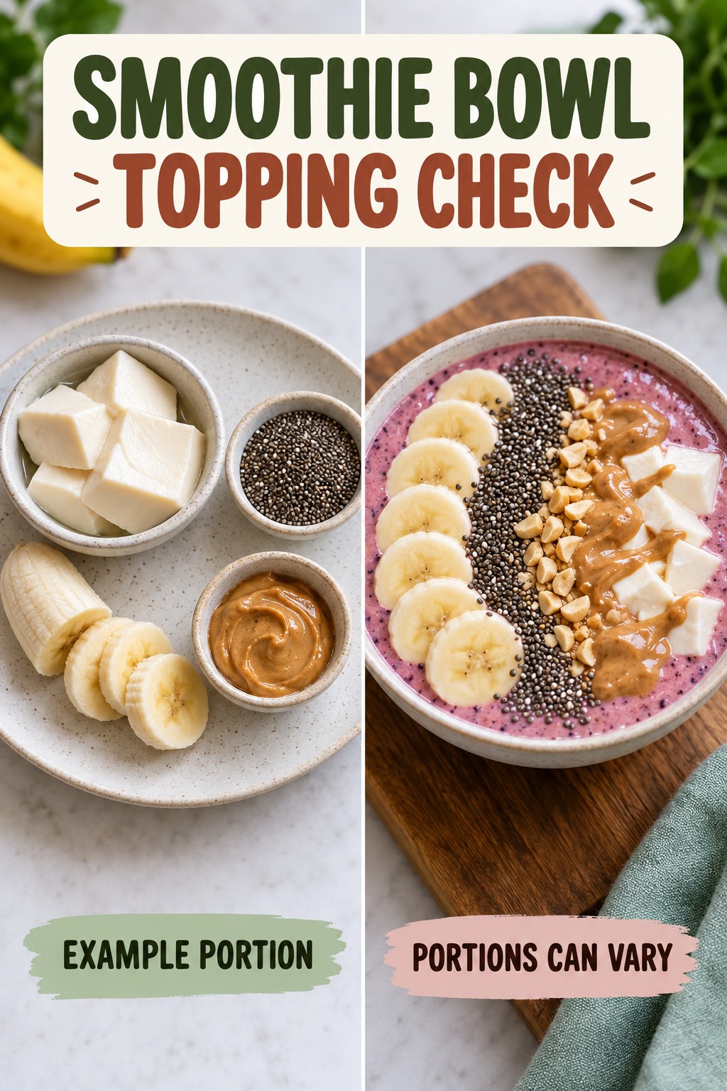 Smoothie Bowl Topping Check visual using silken tofu, chia seeds, banana, and peanut butter as flexible example portions for Healthy Smoothies.