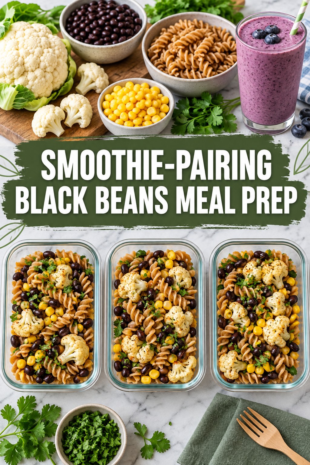 Three containers of smoothie-pairing black beans whole-grain pasta prep boxes with black beans, whole-grain pasta, cauliflower, and corn.